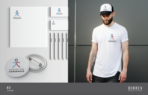 Catalyst for Consensus merch mockups for option 01 — stationery, business cards, button, and apparel