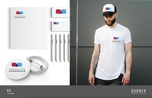Catalyst for Consensus brand collateral — stationery, pins, pencils, and apparel featuring the red and cyan logo