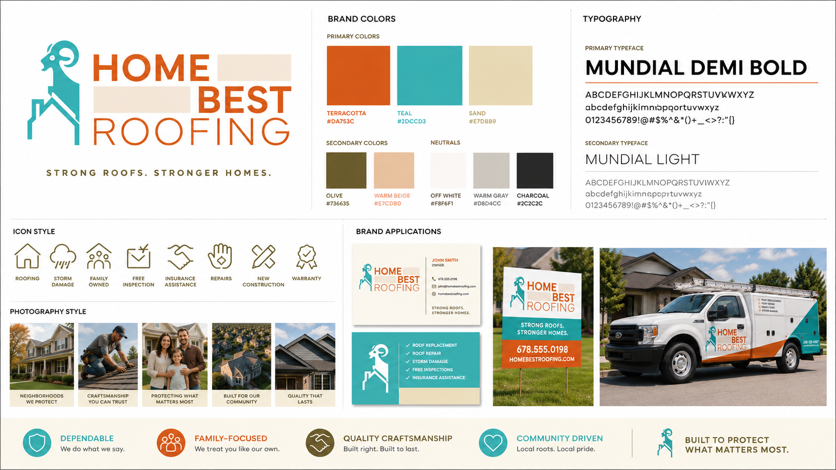 Home Best Roofing brand board — logo, colors, typography, iconography, photography style, and branded collateral applications