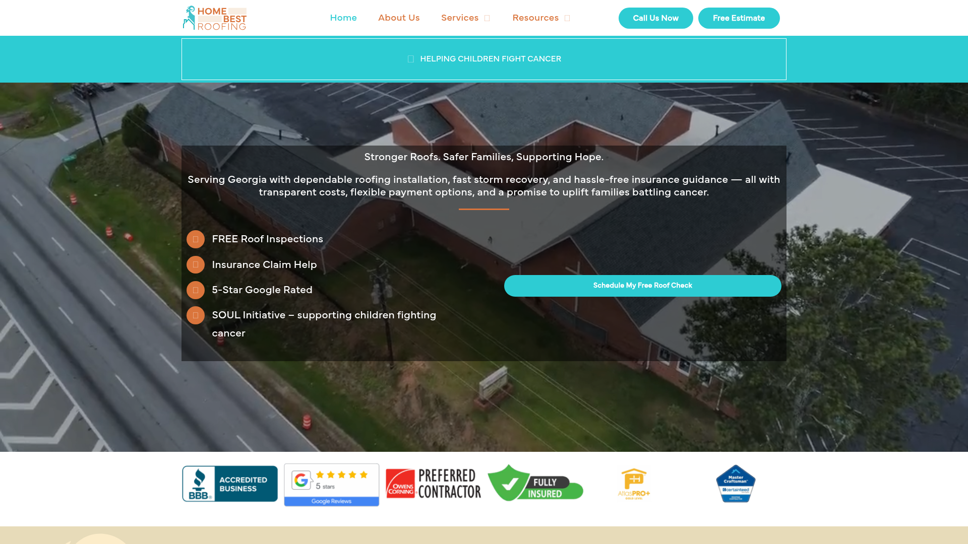 Home Best Roofing website, homepage screenshot showing earthy brand colors, ram logo, and call-to-action