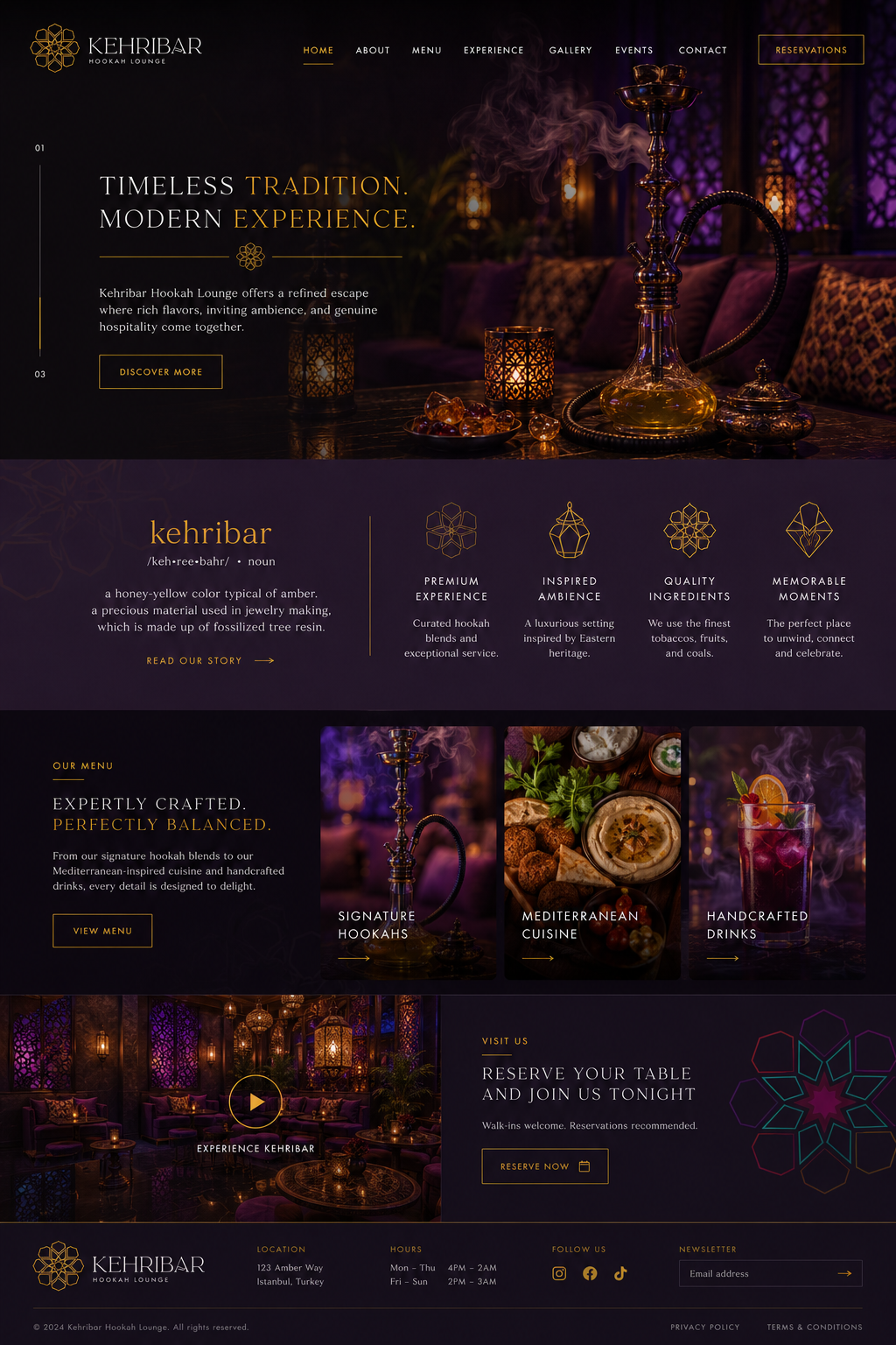 Kehribar Hookah Lounge website concept showing amber gold typography over a moody lounge interior