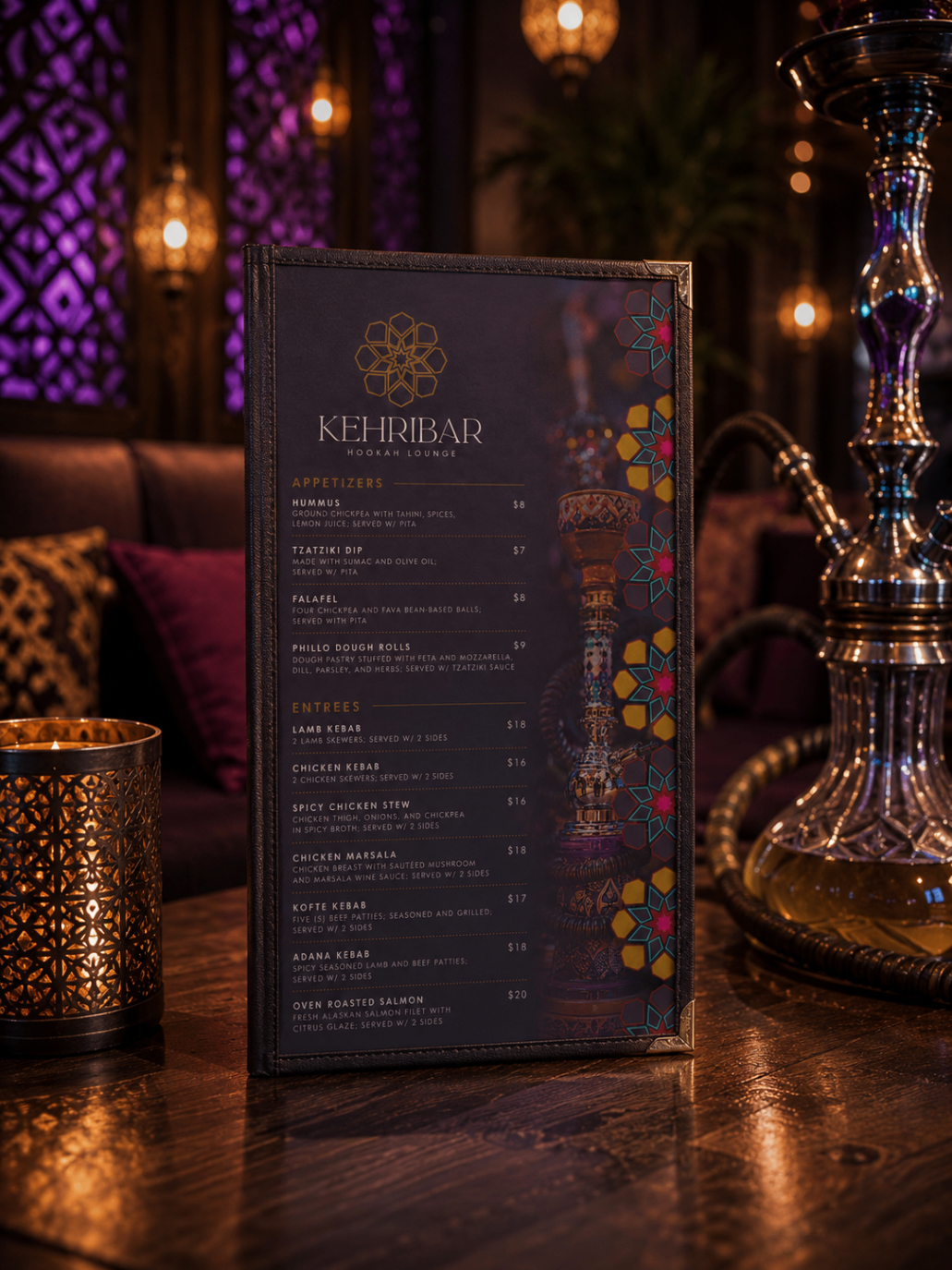 Kehribar menu design photographed in the lounge with logo, gold type, and decorative pattern border