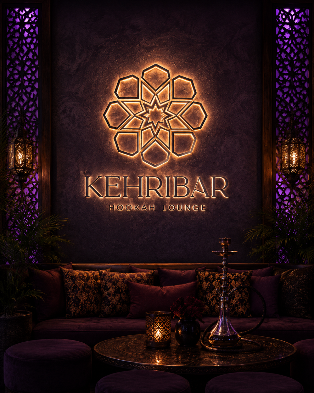 Kehribar in-space illuminated wall signage glowing in amber above a lounge seating area
