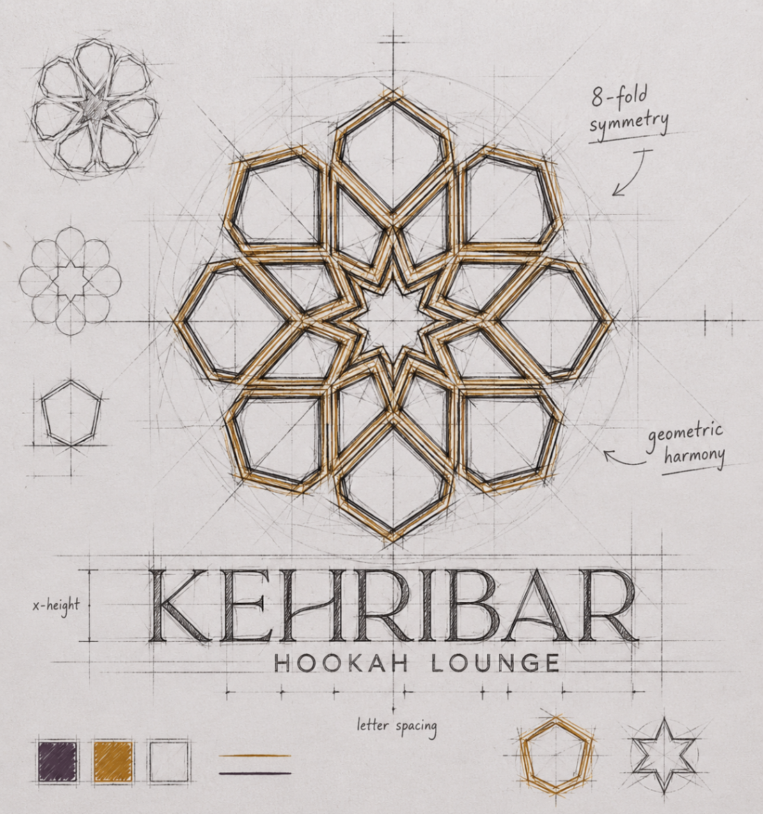 Refined Kehribar logo construction sketch showing eight-fold symmetry and geometric harmony