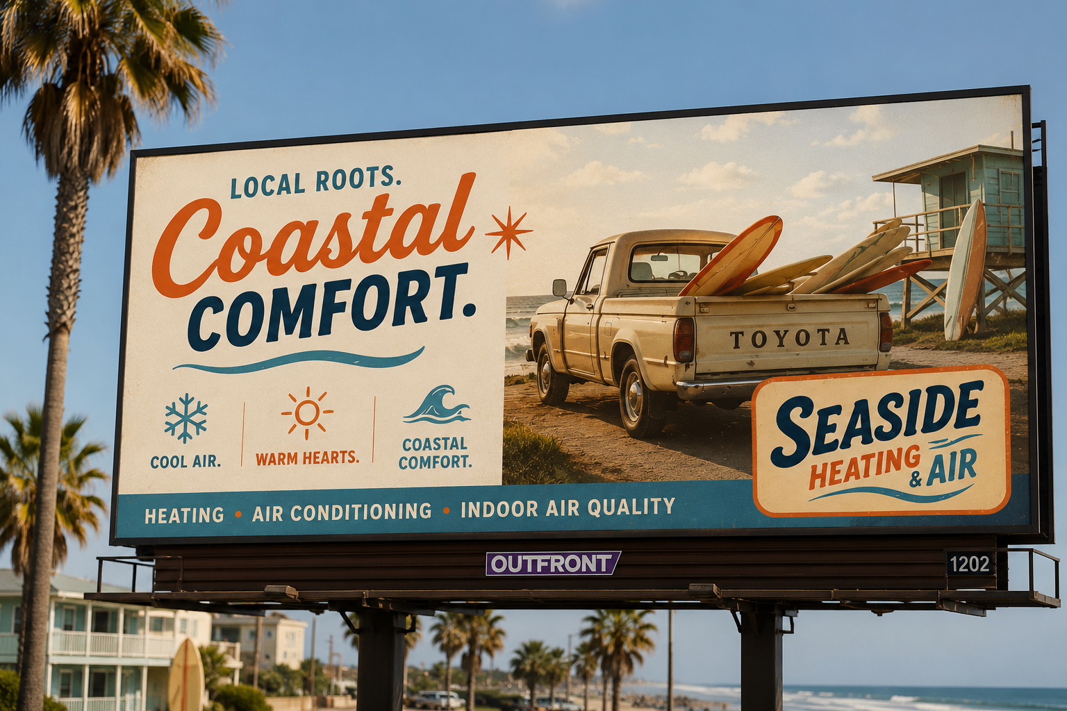 Seaside Heating & Air billboard concept featuring coastal comfort headline and retro beach photography
