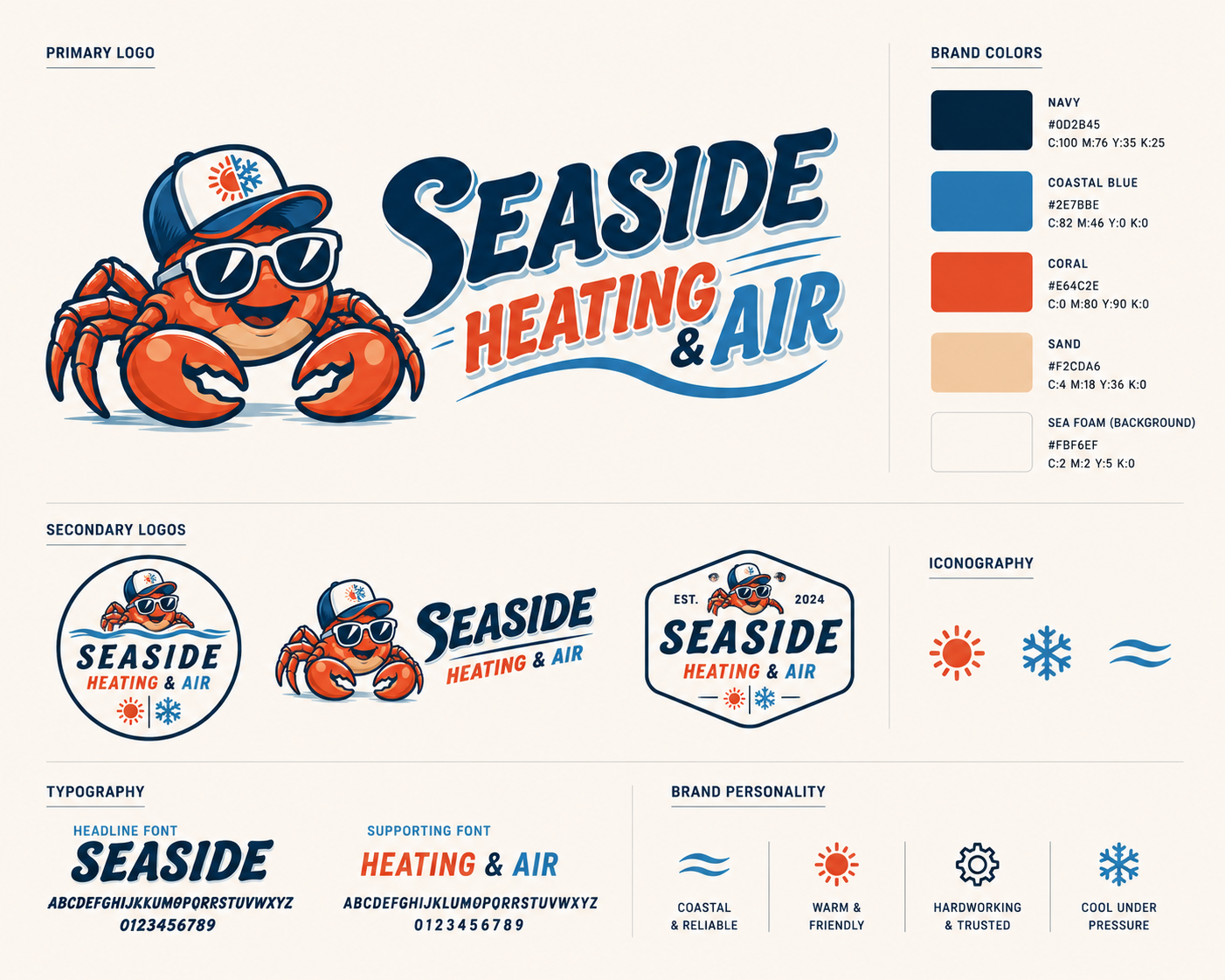 Seaside Heating & Air brand system board with logo lockups, color palette, iconography, and typography samples