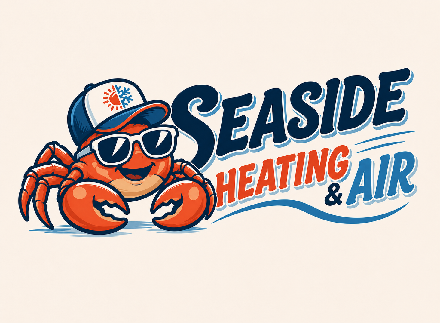 Final Seaside Heating & Air primary logo with smiling crab mascot, bold Seaside wordmark, and flowing wave underline