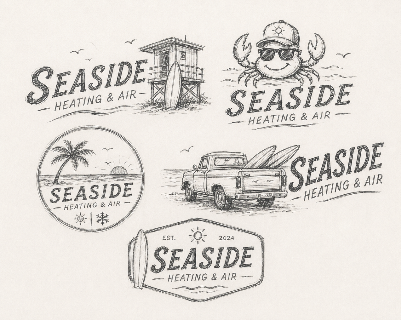 Seaside Heating & Air early sketch sheet showing multiple logo directions including a lifeguard tower, crab mascot, surf truck, and badge concept