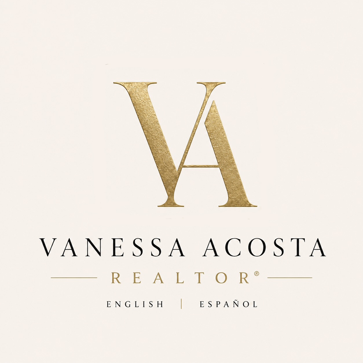 Vanessa Acosta Realtor primary logo with gold VA monogram, serif wordmark, and bilingual English Spanish line