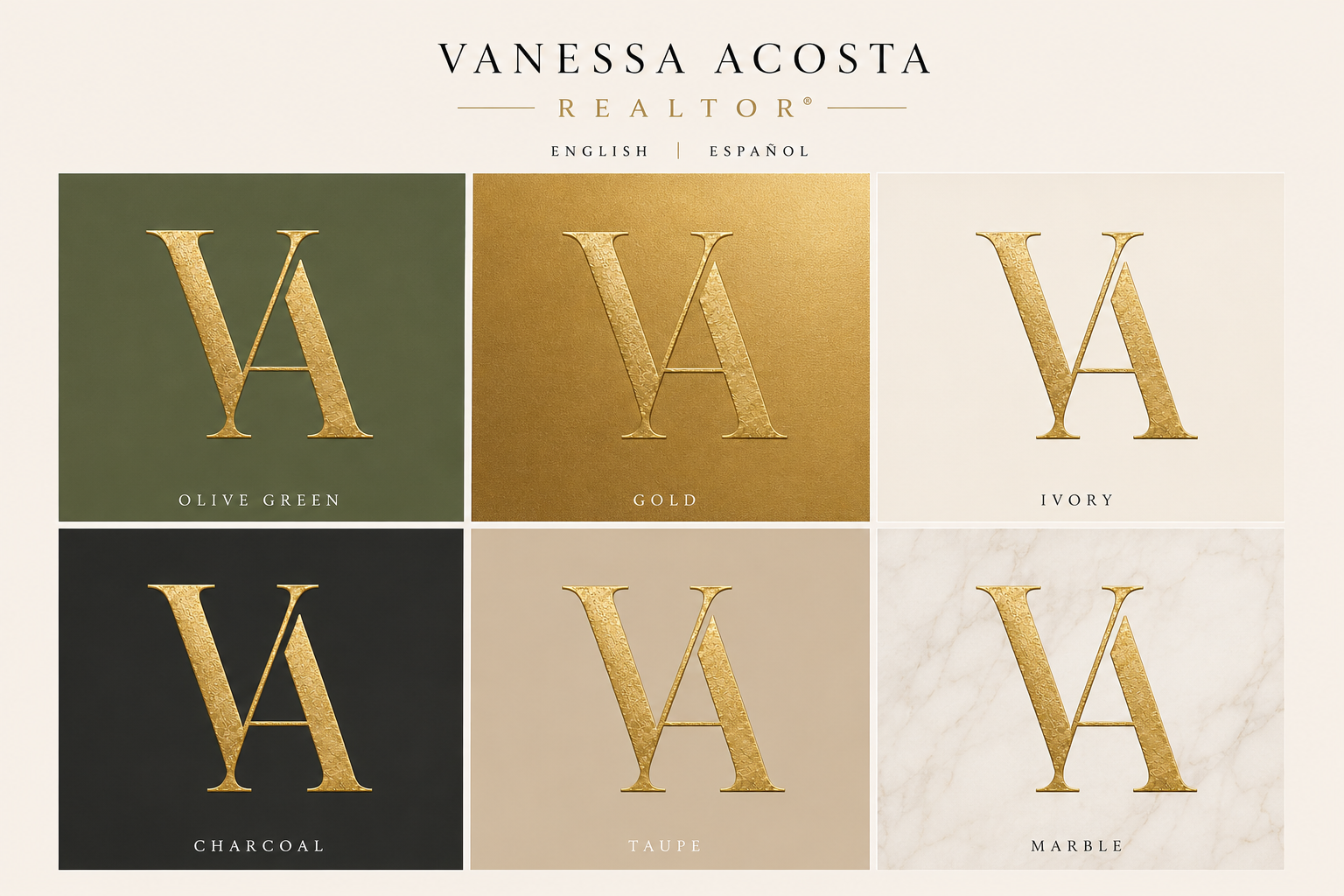 Vanessa Acosta Realtor logo variations shown across olive green, gold, ivory, charcoal, taupe, and marble backgrounds