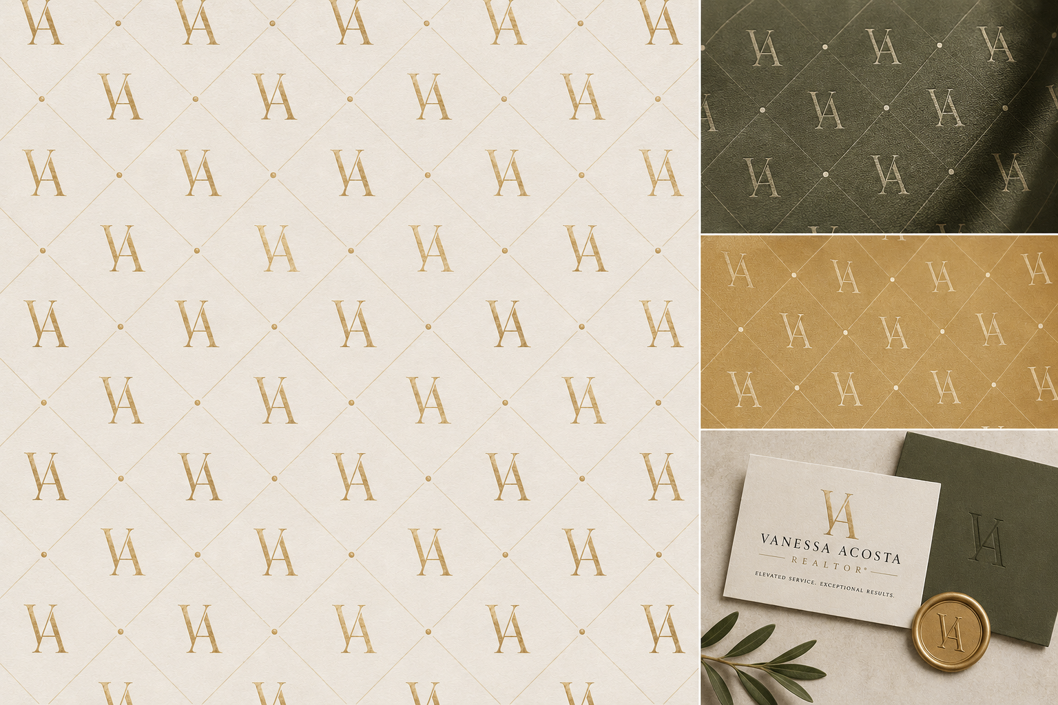 Vanessa Acosta Realtor repeating monogram pattern system shown on ivory, olive, and gold applications